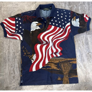 VTG 90s Linksport Bald Eagle USA Flag All Over Graphic Print Cotton Polo Sz M